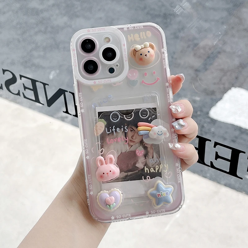 

Cartoon Rabbit Bear Photo Slot Phone Case For iPhone 13 11 14 12 Pro Max XS 14 Plus 7 8 XR X SE Lovely Card Holder Back Cover