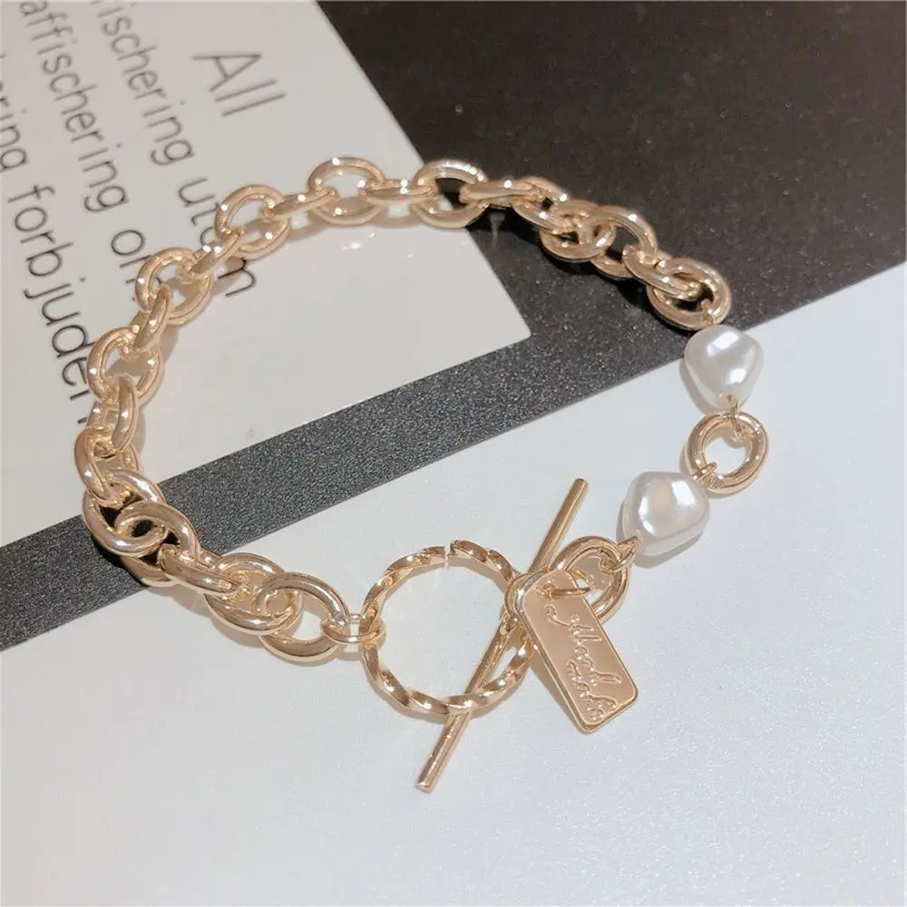 

Punk Gold Color Thick Chain Bracelet for Women 2022 Female Pearl Pendants OT Buckle Bracelets Jewelry Girl Party Gift