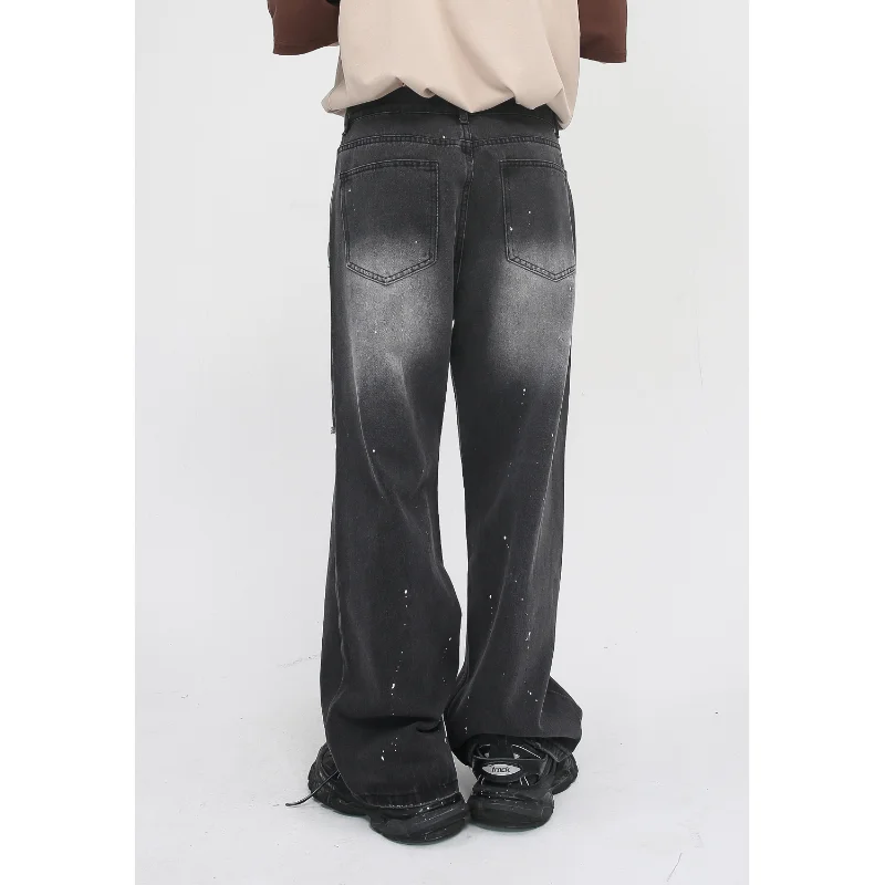 New Products Korean Version Loose Personality Splashed Ink Hole Design Jeans for Men Oversized Retro Lapel Fashion Jeans for Men