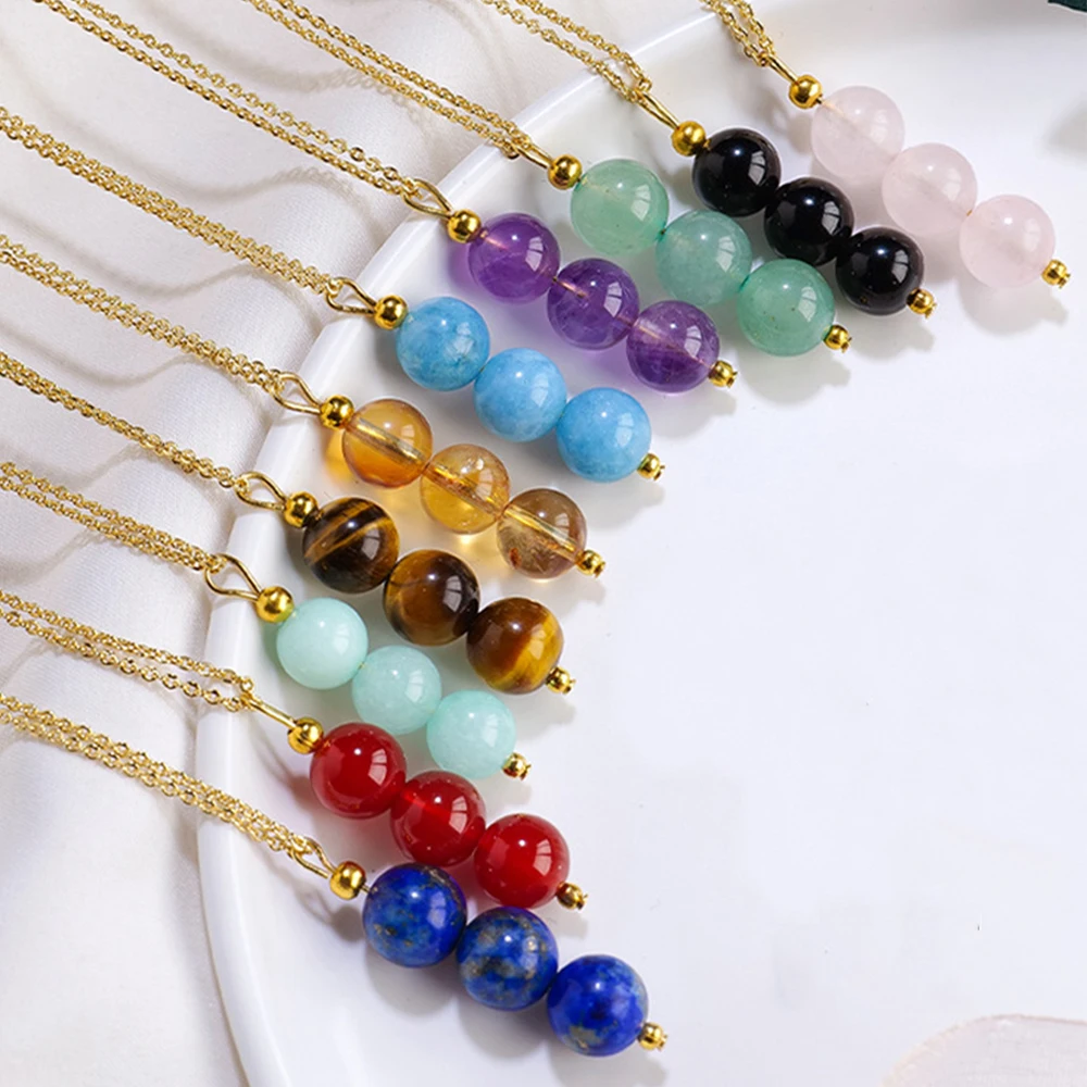 

Mineraali Fashion Natural Crystal 3pcs 8mm Round Beads Pendant Quartz Aquamarine Amazonite Amethyst Gem with Gold Chain Necklace