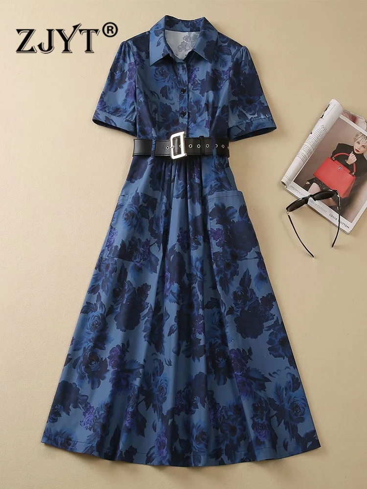 

ZJYT Summer Women's Floral Print 100% Cotton Shirt Dress Blue Short Sleeve Turn Down Collar Midi Casual Vintage Vestidos 2023
