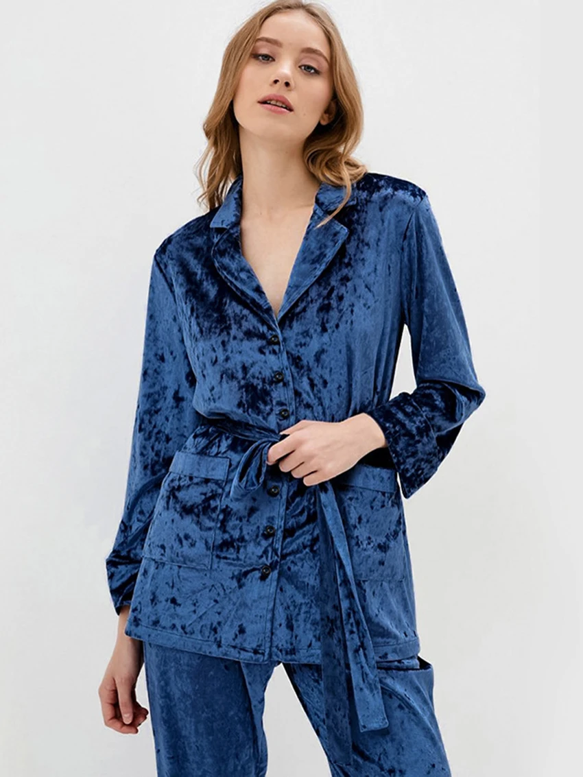 

Marthaqiqi Loose Blue Women'S Pajamas Set Turn-Down Collar Low-Cut Lace Up Robe Pajama Nightgowns Trousers Women Sleepwear Suit