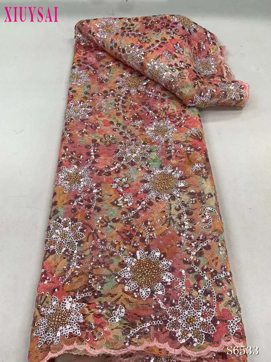 

Африканская кружевная ткань с блестками, 5 ярдов, 2023, Высококачественная нигерийская французская сетчатая ткань с принтом для шитья свадебного платья