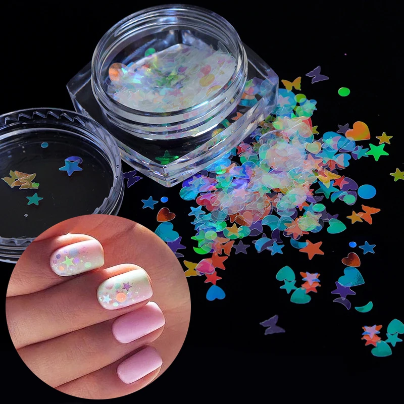 

1 Jar Nail Sequins Transparent Iridescent Colors Glitter Mixed Star Moon Heart Butterfly Shape Flakes Paillette Nail Art Decor