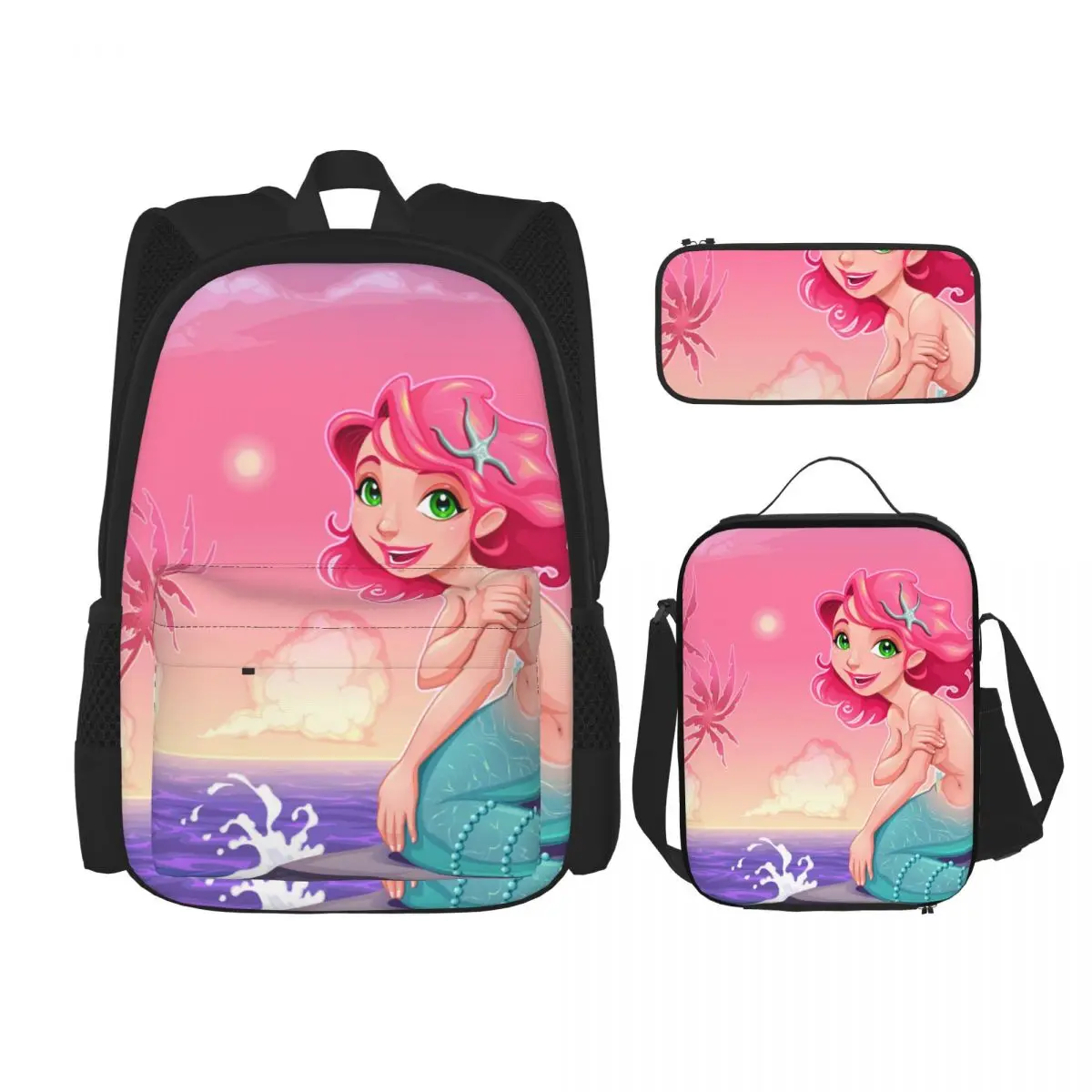 

3 Pcs Mermaid Near Shore Backpack Unique Prints Knapsack for Teenagers Girls Boys Travel Bagpack Children School Bags