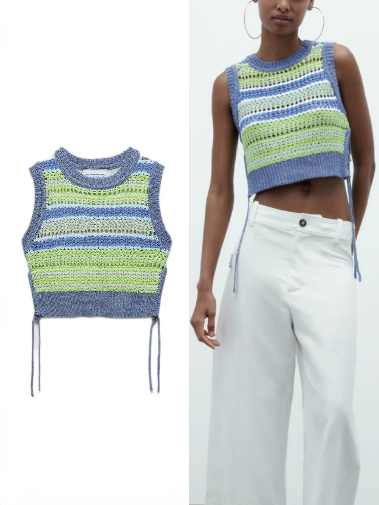 

Women's Summer New All-match Casual Round Neck Sleeveless Vented Cropped Textured Crochet Vest Tops Cutout Knit Crop Bolero