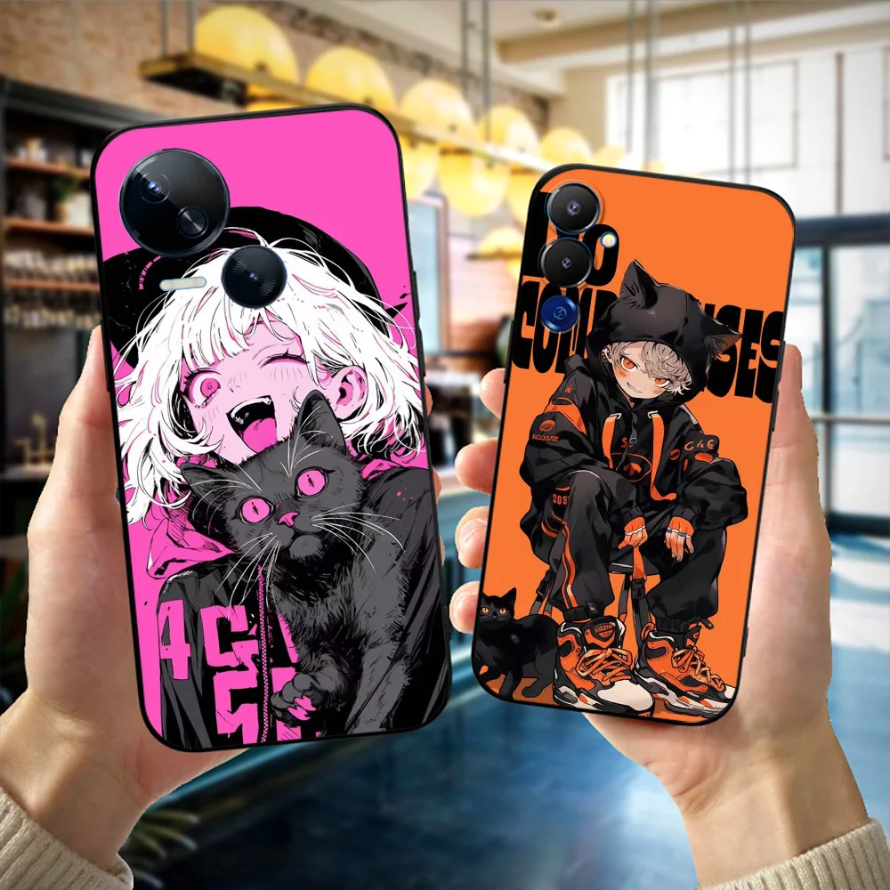 Черный чехол ТПУ для INFINIX HOT10 11(G37) 20I 20 NOTE12VIP 12 4G(2023)12PRO 4G 5G 12I девушки и черные кошки