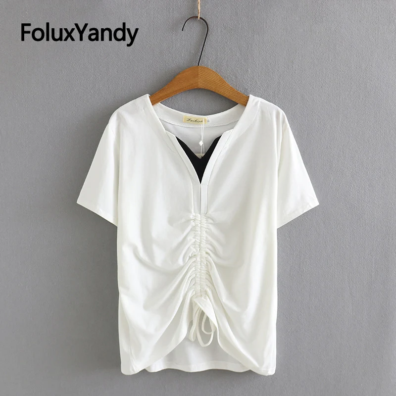 

2022 New Women Summer Tops Shirring Tops Tees Plus Size Casual V Neck Short Sleeve T-shirts Black White KKFY5893