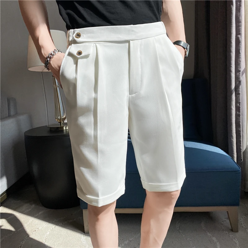 2022 Summer New Elastic Waist Knee Length Business Formal Wear Straight Shorts Men Clothing Simple Slim Fit Casual Short Homme