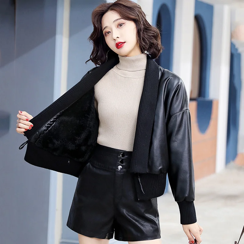 2022 Women's Genuine Leather Jacket Knitted Panel Bat Sleeve Jacket Casual Drawstring Design Short Sheepskin Jacket