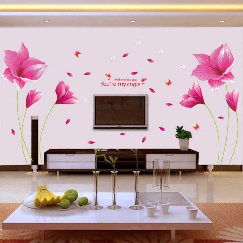 

Pink Flowers Wall Stickers for Living Room Bedroom Home Decoration Wall Decals Self-adhesive Wallpapers Home Decor Floral
