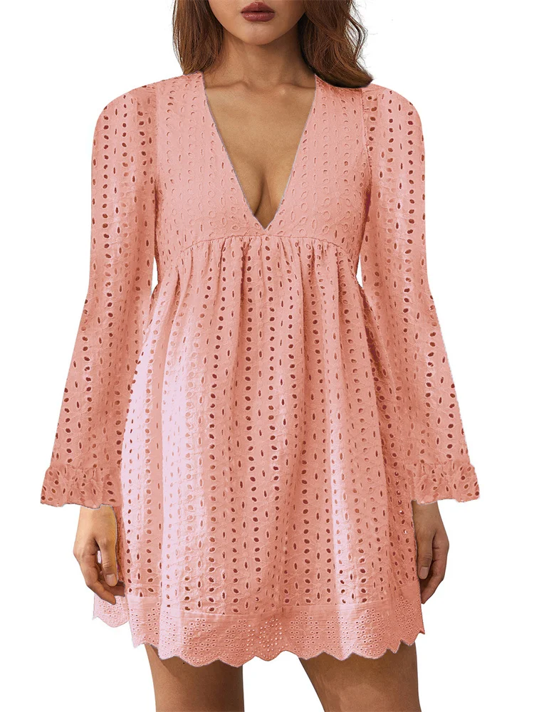 

CHRONSTYLE элегантное женское кружевное платье с длинными расклешенными рукавами 2022 офисное женское однотонное платье с V-образным вырезом и вы...