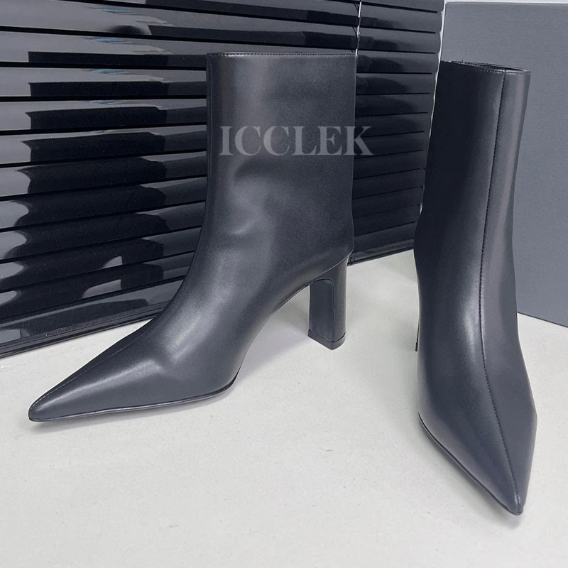 

Женские ботинки для зимы 2023, новый дизайн прошитых верх, ботильоны с острым носком, из натуральной кожи, женские туфли-лодочки для банкета
