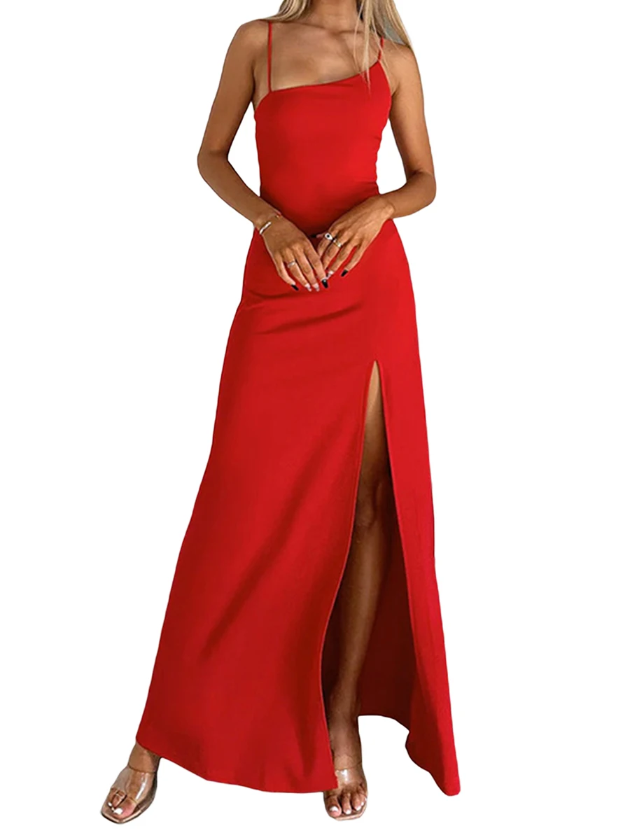 

Женское сексуальное длинное облегающее платье на бретельках, однотонное коктейльное платье без рукавов, с открытой спиной и глубоким вырезом, с высоким разрезом, Клубное вечернее платье