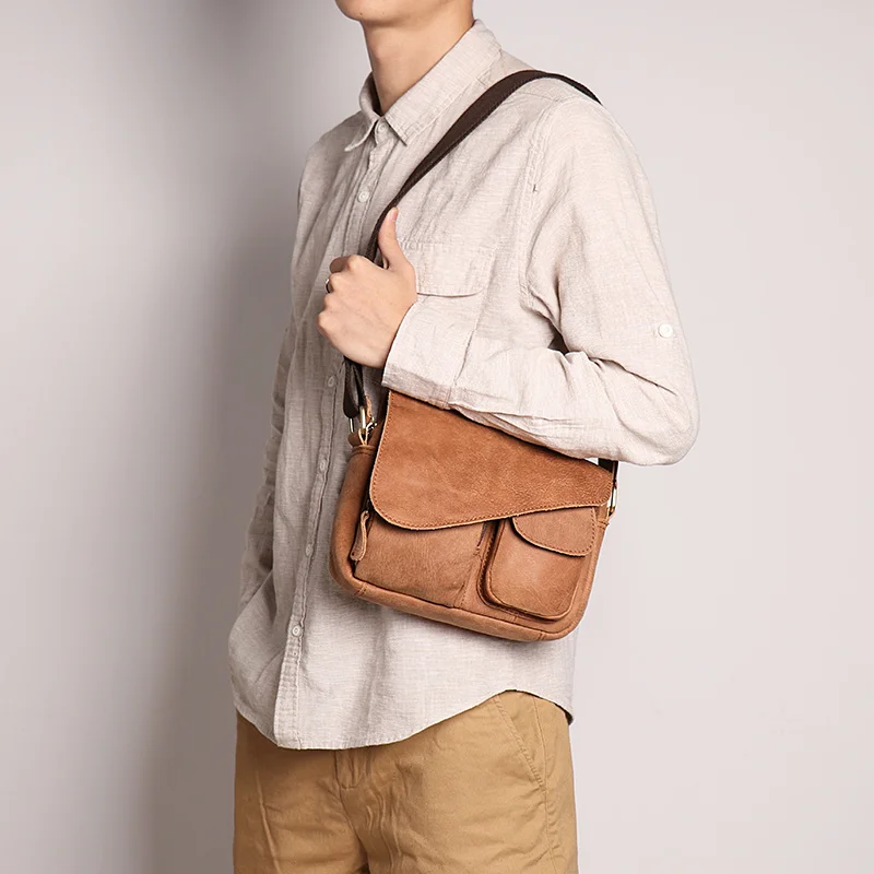

Men Vintage Multi-pocket Messenger Bag Nubuck Genuine Leather Flap Crossbody Bags Daily Party Small Satchel for Man Bag