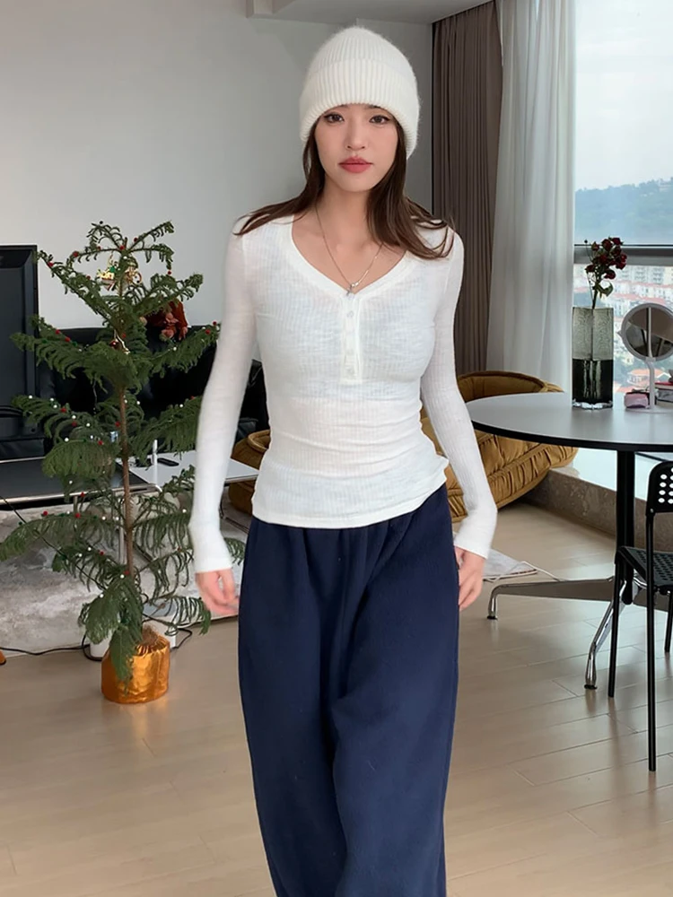 Корейская серия с плечами и v-образным вырезом нижняя рубашка длинными рукавами