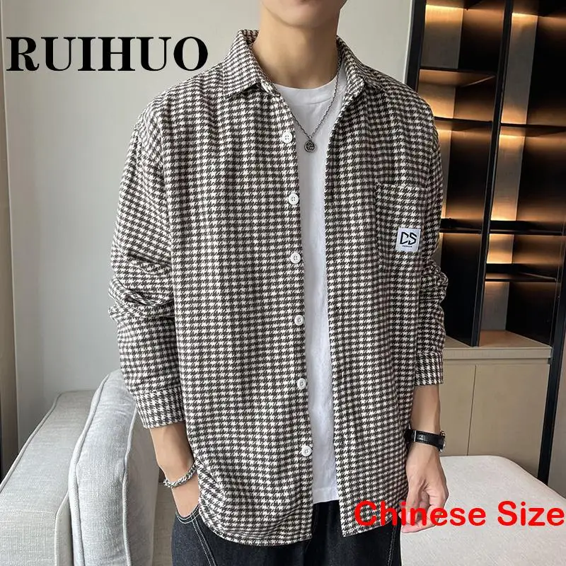 

RUIHUO Plaid Casual Black Shirt For Men Fashion Harajuku Men Shirts Long Sleeve Chinese Size 3XL 2023 Spring New Arrivals