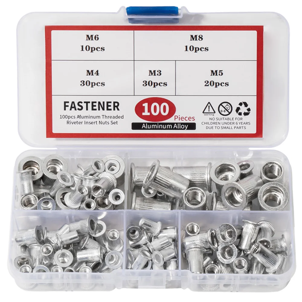 

100 шт., алюминиевые заклепки, гайки M3, M4, M5, M6, M8, плоские гайки с резьбовой вставкой, набор гаек Nutsert, метрические наборы заклепок