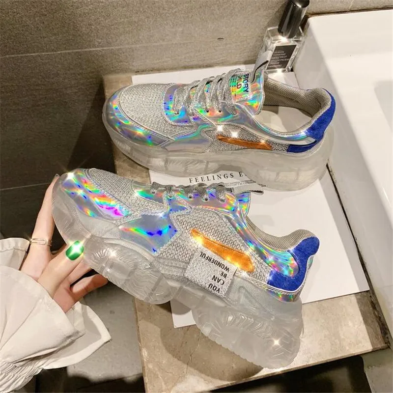 

Spring Trend Women Transparent Sneakers Harajuku Platform Woman Shoes Laser Jelly Casual Shoes Shining Shoes Vulcanization