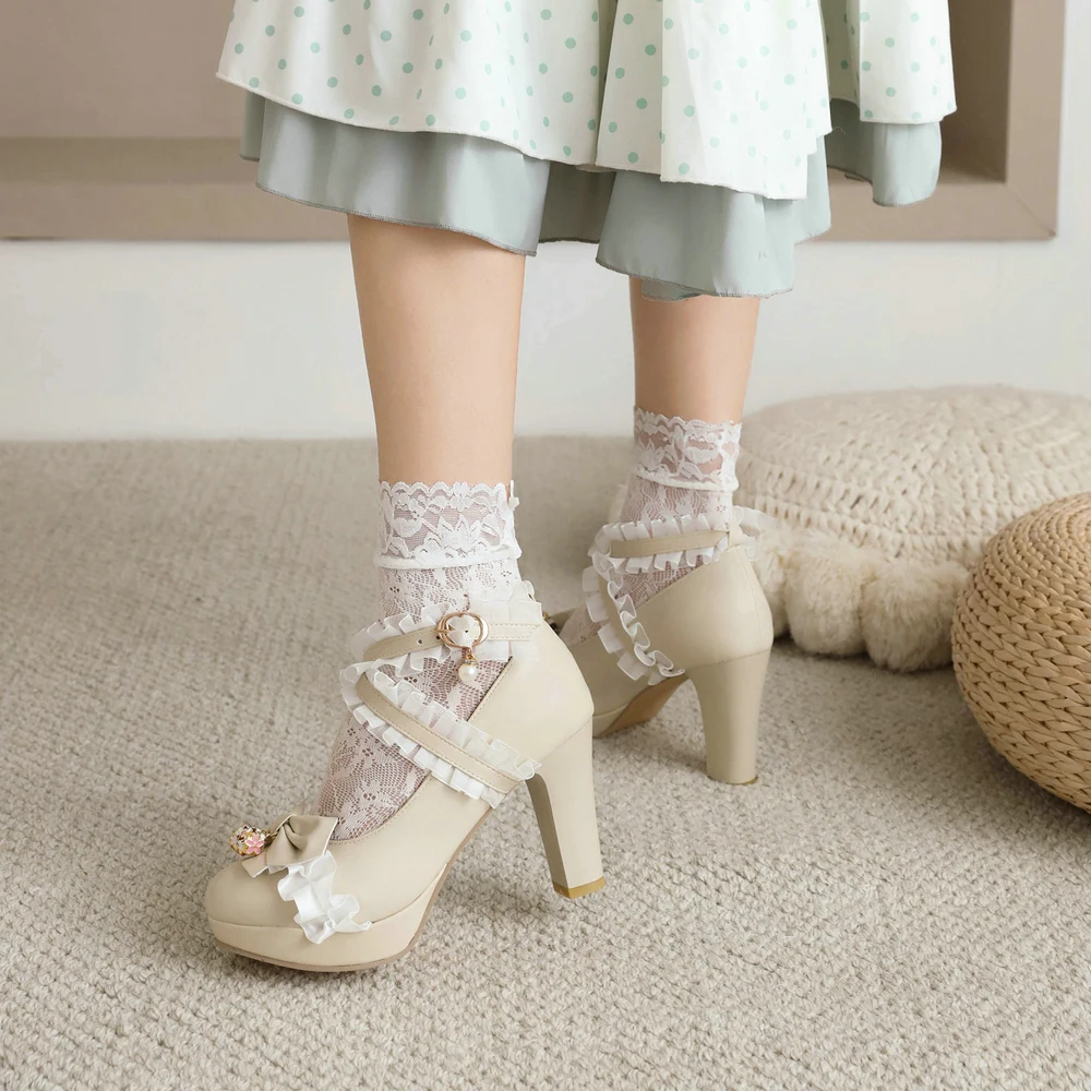 Women Sweet Bow Super High Heels Shoes Platform Bottom Work Cross Strap Pumps with Bell Girls Dress Wedding Footwear Big Size 46