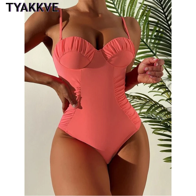 

TYAKKVE 2023 Sexy Push Up One Piece Swimsuits New Solid Bodysuit Women Swimwear Monokini Ruched Underwire Bathing Suit Beachwear