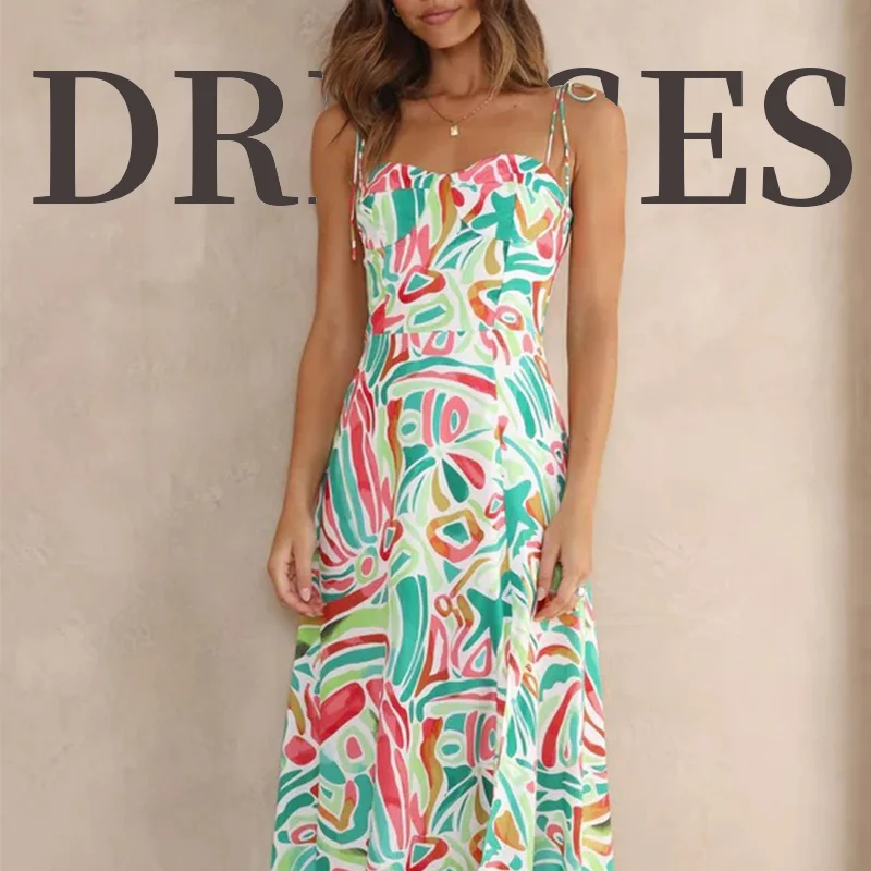 

Fresh Sweet Floral Print Dress Sleeveless Backless Suspender Midi Frock Sexy Casual A Line Spaghetti Strap Slit Beach Long Skirt