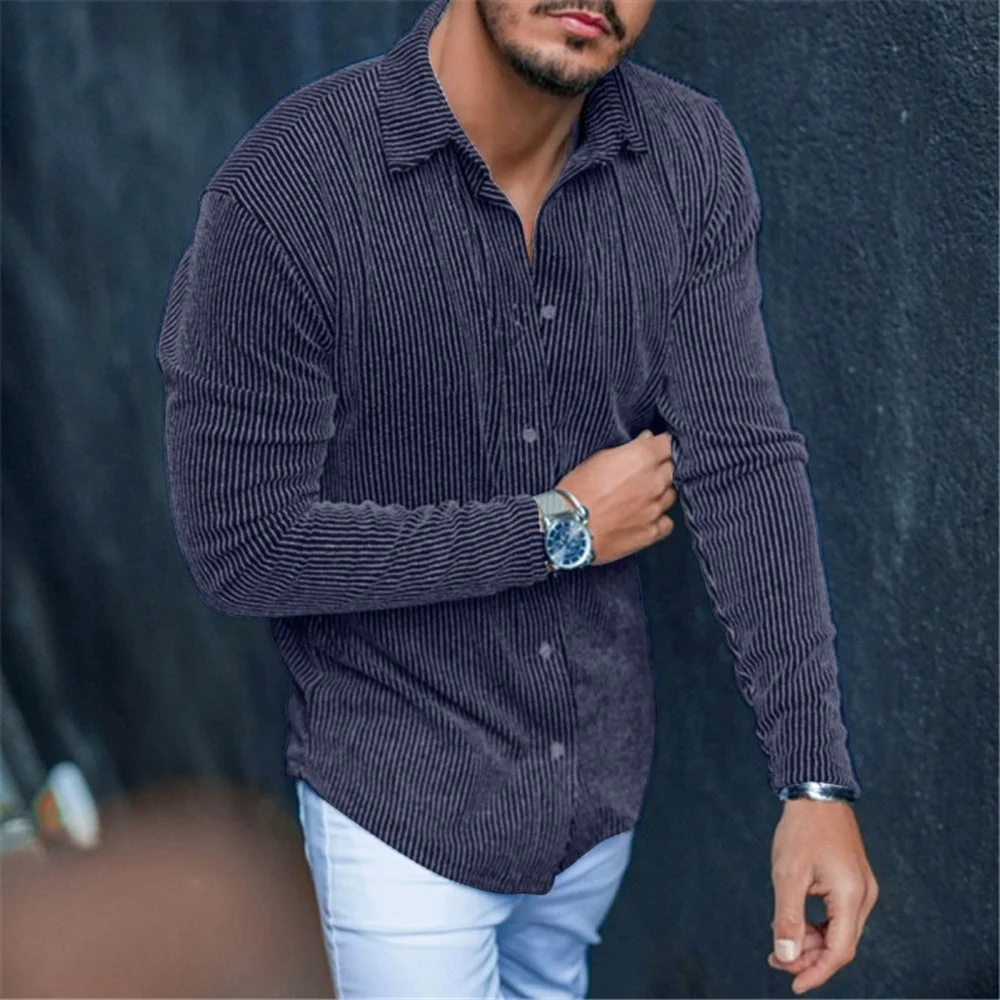 Men's Long Sleeve Shirts Vertical Stripe Slim Lapel Shirts