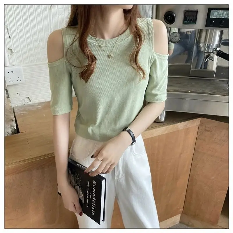 

Y2K летняя тонкая женская футболка с открытыми плечами и коротким рукавом корейская мода футболка женская трикотажная Сексуальная Бесплатн...