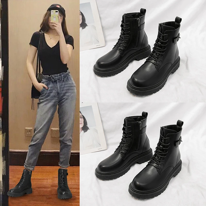 

Женские ботинки 2022, весенние классические уличные короткие ботинки в британском стиле, универсальная женская обувь на толстой подошве для ...