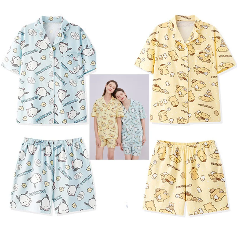 Kawaii Sanrios Series Cinnamoroll My Melody Kuromi Pompompurin Pajamas Summer Cotton Short Sleeve Set Cute Anime Loungewear