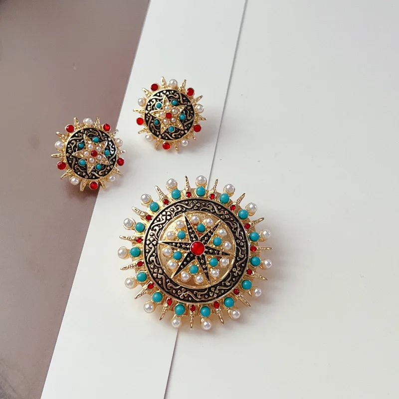 

VintageRetro Palace Medieval Pearl 925 Silver Needle Stud Earrings Relief Brooch Ladies Jewelry