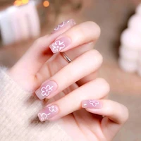 24pcs short false nails white flowers full cover stick on nails removable save time with jelly gel decorated false nails art