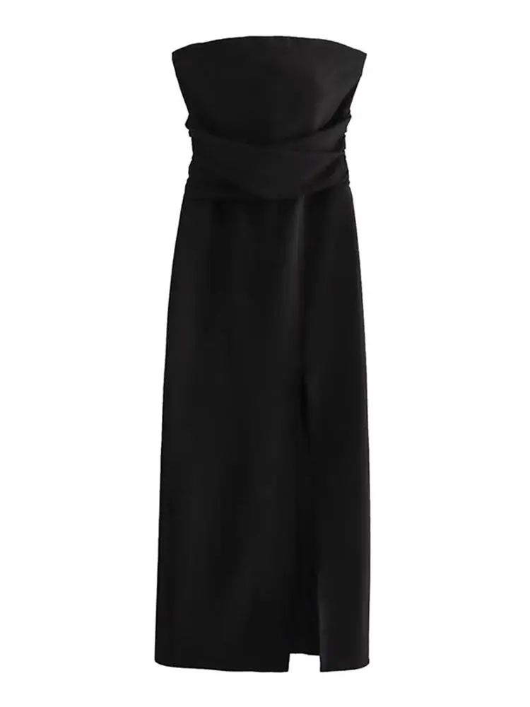 

Sexy Off Shoulder Pleated High Split Midi Dress Women Fashion Backless Sleeveless Dresses 2023 Summer Chic Party Club Vestidos