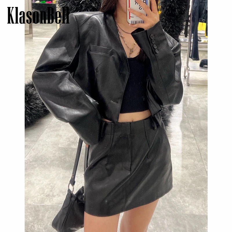 

9.11 KlasonBell Fashion Hollow Out Back Shoulder Pads Detachable Short PU Leather Jacket Or Mini Skirt Set Women