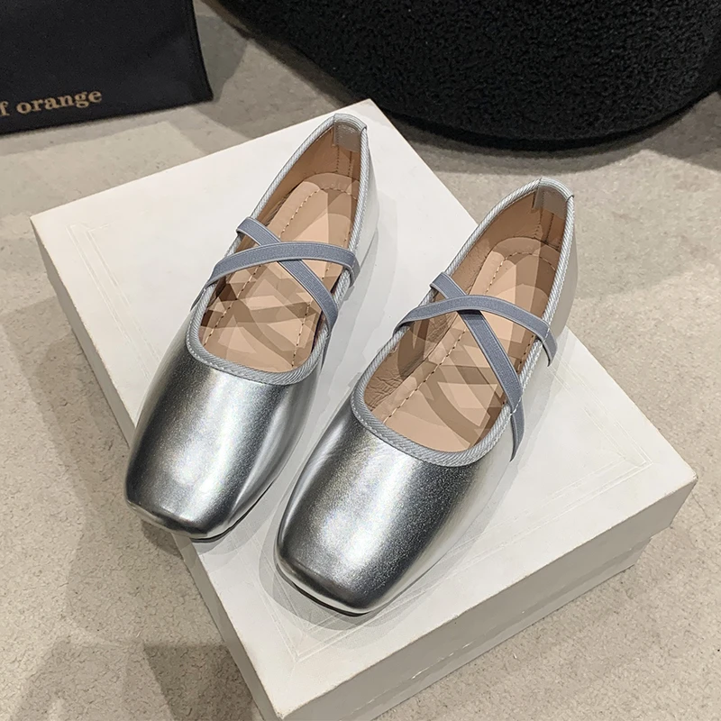 Женские летние туфли без каблука квадратные с открытым носком балетки