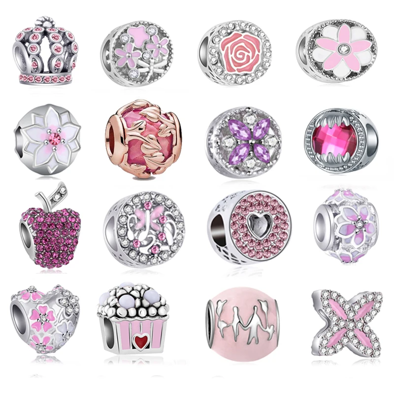 

Sweet Pink Hearts Crown Flowers Charms Beads Designer Charms fit Original DIY Brand Bracelets & Bangles Valentine's Day Gifts