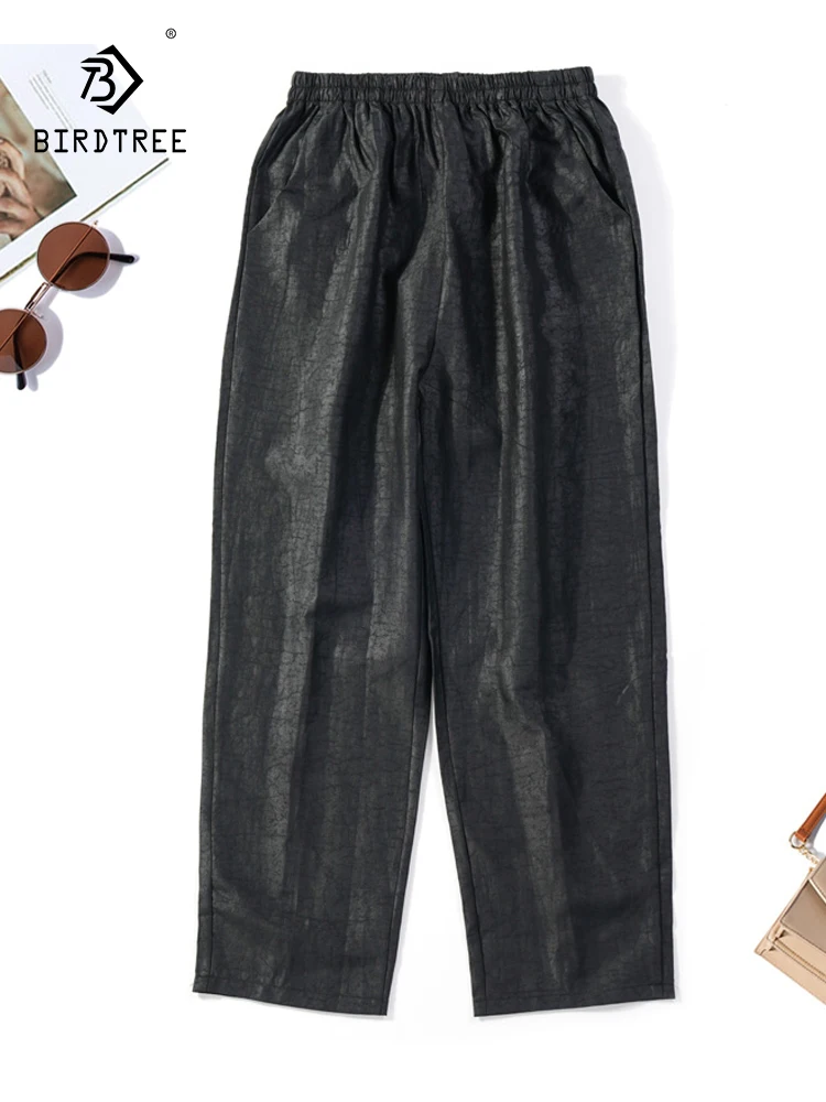 Birdtree 100%Silk Straight Pants Turtle Cracks Cloud Gauze Silk Black Versatile Pockets Women's Fashion Casual Trousers B37319QC