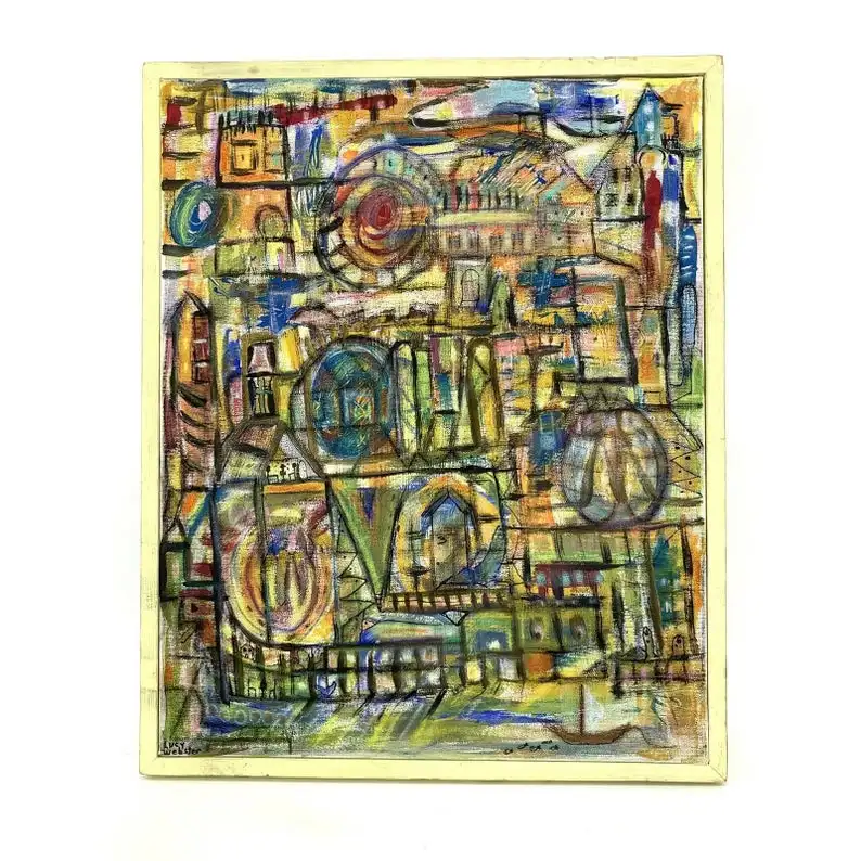 

Vintage Abstract Bold Cityscape Bright Colors d Oil Painting Signed Big painting huge painting large-scale painting manual