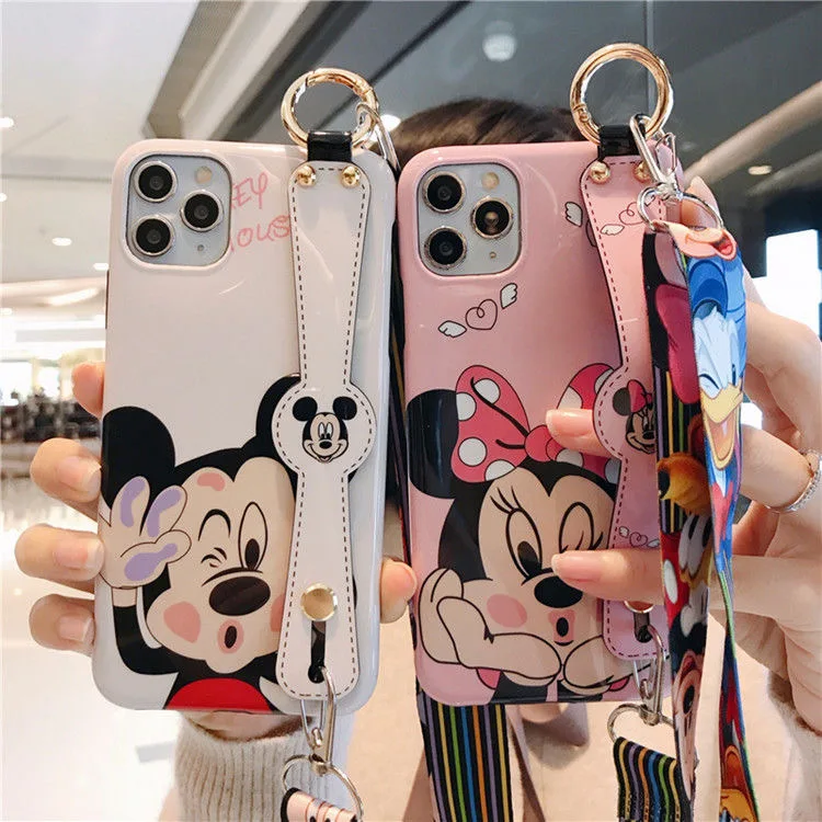 

Disney Mickey Minnie Luxury Lanyard Phone Case For iPhone 13 12 11 Pro Max Mini XR XS MAX 8 X 7 Anti-drop Soft Cover Couple Gift