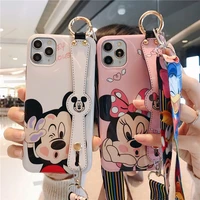 disney mickey minnie luxury lanyard phone case for iphone 13 12 11 pro max mini xr xs max 8 x 7 anti drop soft cover couple gift