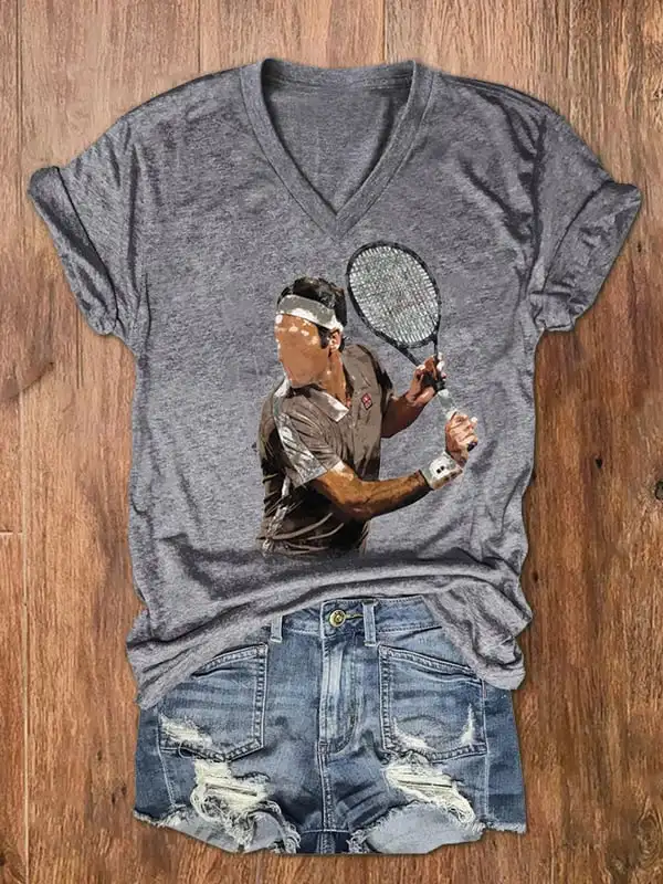 

Women's Tennis Legend Character Print V-Neck T-Shirt