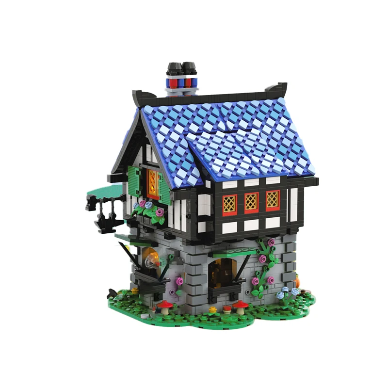 

MOC средневековый замок, черный магазин, переделанная модель, уличный вид, строительные блоки, DIY архитектурные кубики, детские игрушки, подарки 1808 шт.