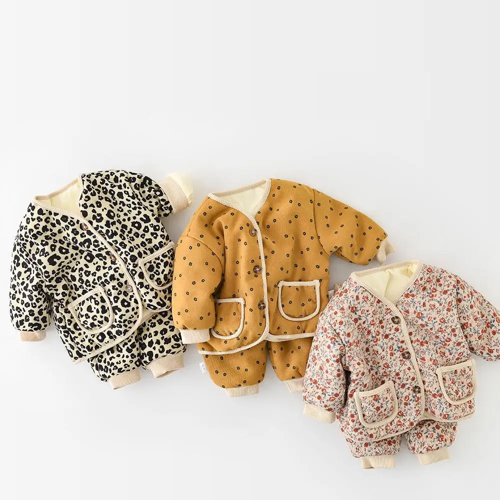 

2022 Winter New Baby Warm Clothes Set Cute Leopard Floral Coat + Pants 2pcs Suit Vintage Baby Girl Outfits Infant Jacket Set