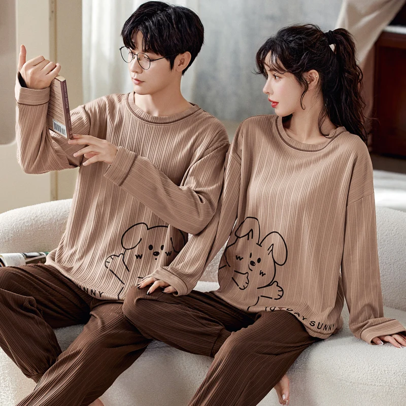 New Couple Long Sleeve Pants Pajamas Knitted Cotton O Collar Men Women Fashion Sleepwear for Youth Lovers pyjamas homme feminino