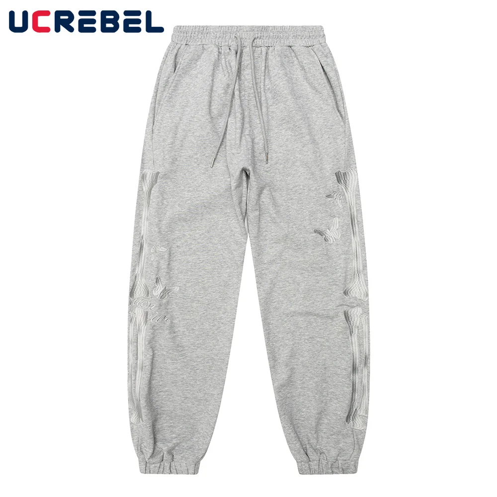 

Skeleton Embroidery Casual Trousers Mens Streetwear Loose Sweatpants Jogger Pants Drawstring Elastic Waist Straight-leg Pants