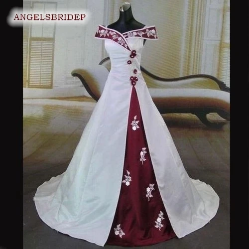 

Vintage White And Burgundy Ball Gown Wedding Dress Brautkleid Formal Applique Court Train Bohemian Bridal Gowns Lace-up Back