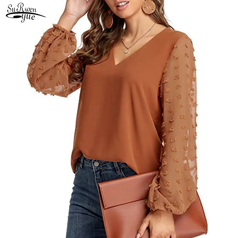 

Однотонная шифоновая рубашка с V-образным вырезом, весна 2023, свободная офисная одежда, повседневная блузка в горошек с длинным рукавом и шитьем, модные топы 19113