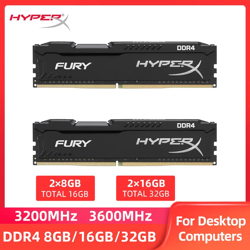 HyperX Fury Memoria RAM DDR4 16GB(2×8) 32GB(2×16) 3200MHz 3600MHz PC4-25600 28800 DIMM Desktop 1.2V 288Pins for Desktop Memony