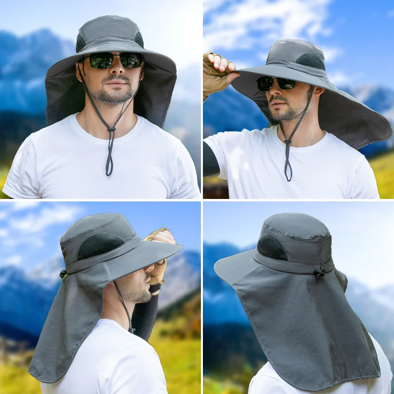 

Men Outdoor Fisherman Hats Summer UV Protection Sun Hat With Neck Flap Breathable Mesh Hiking Fishing Hats For Male Bucket Caps