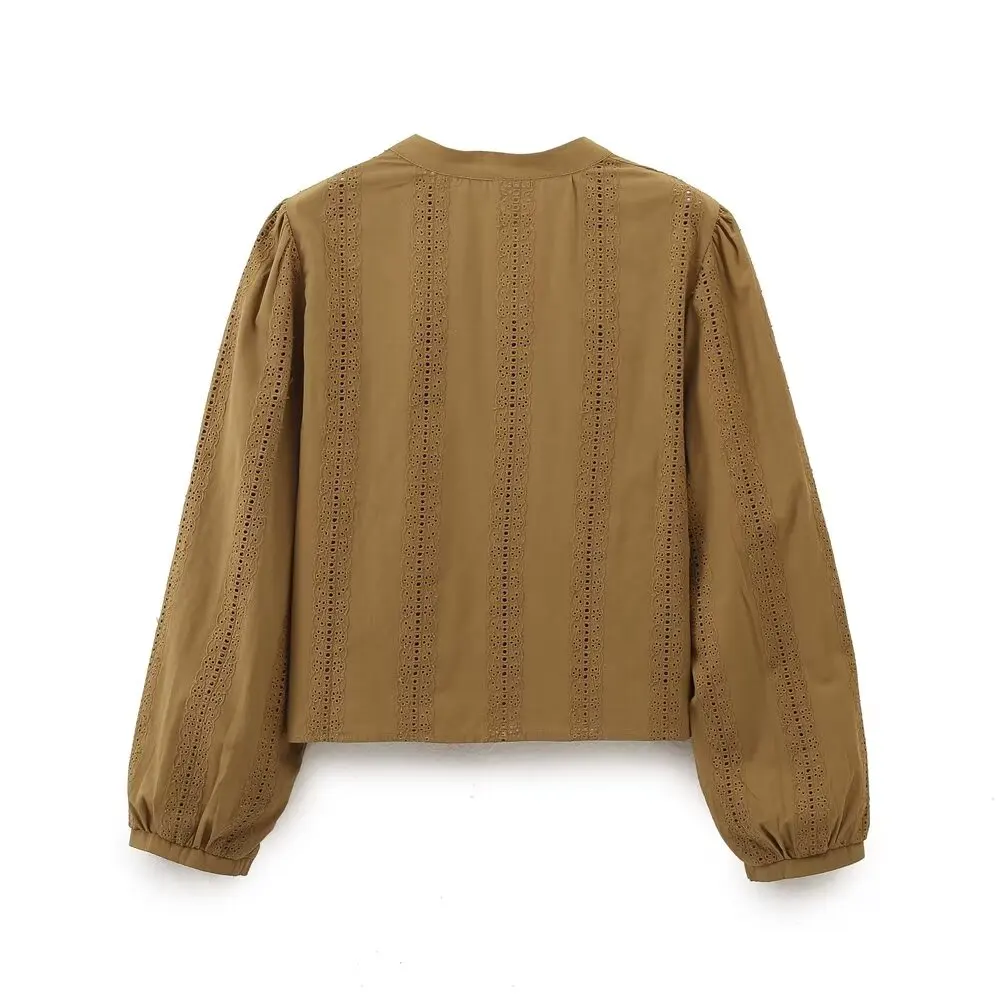 Женская блузка с вышивкой V-образным вырезом и длинным рукавом